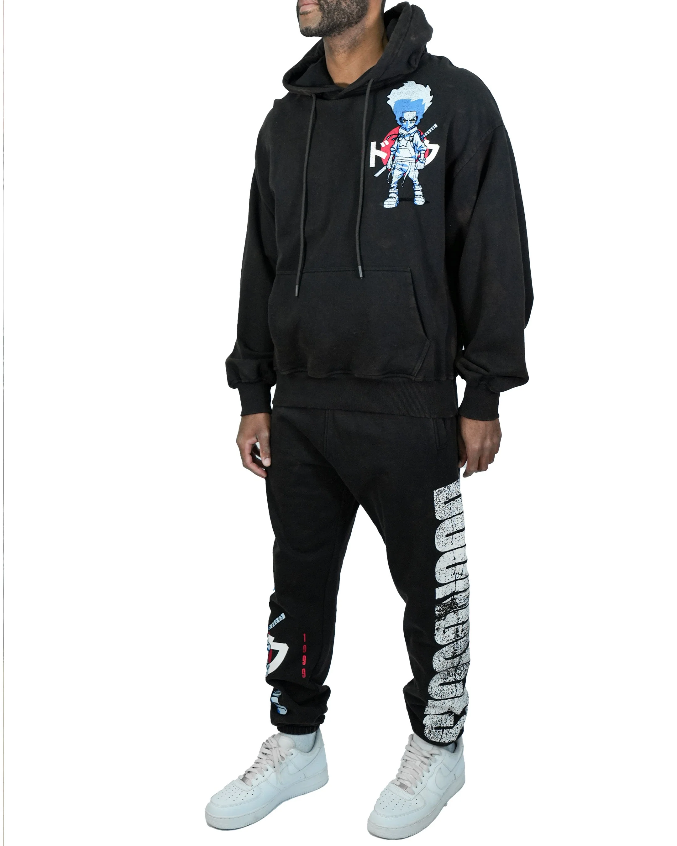 The Boondocks Huey Samurai Warrior Oversized Black Acid Wash Hoodie - Image 3