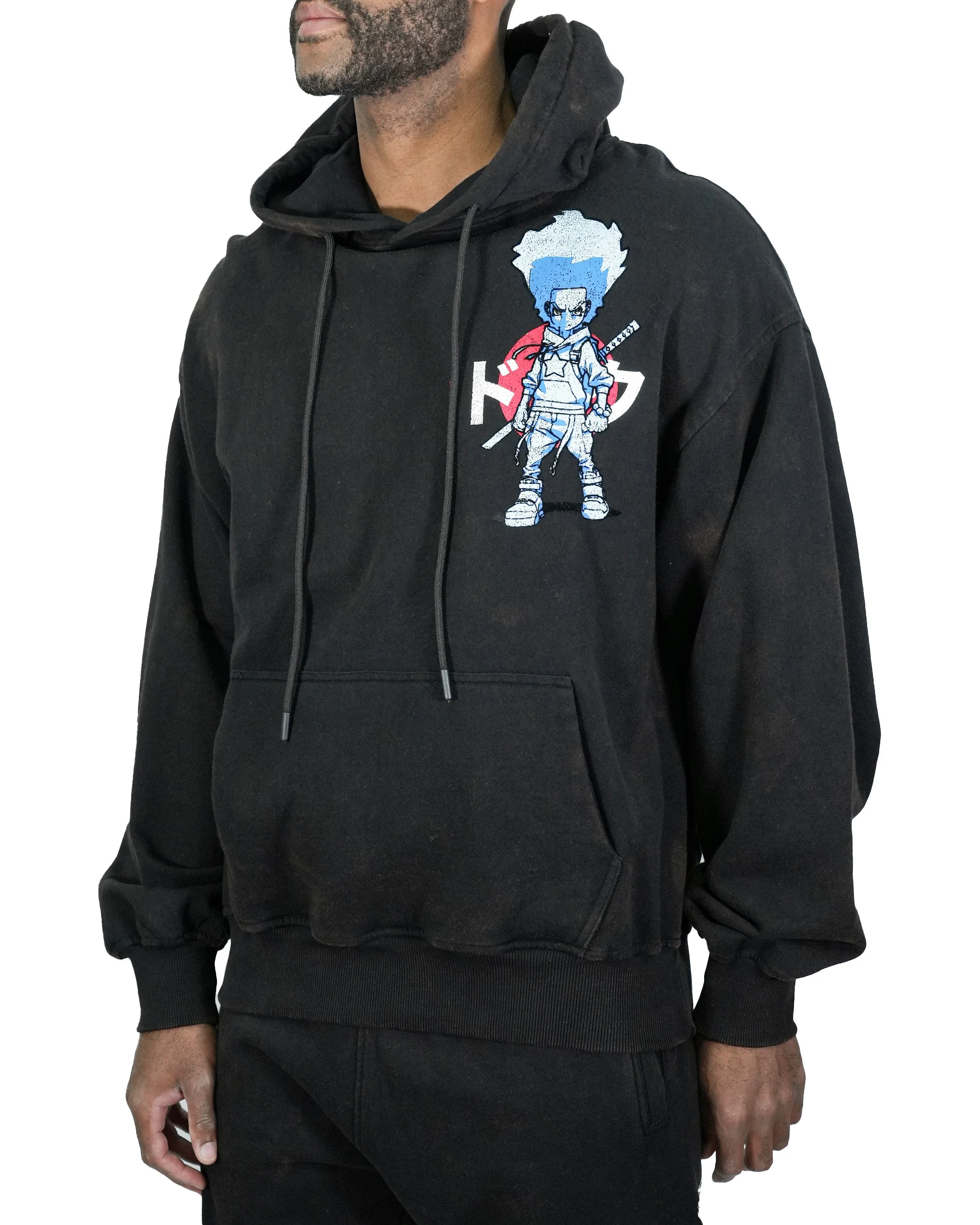 The Boondocks Huey Samurai Warrior Oversized Black Acid Wash Hoodie - Image 4